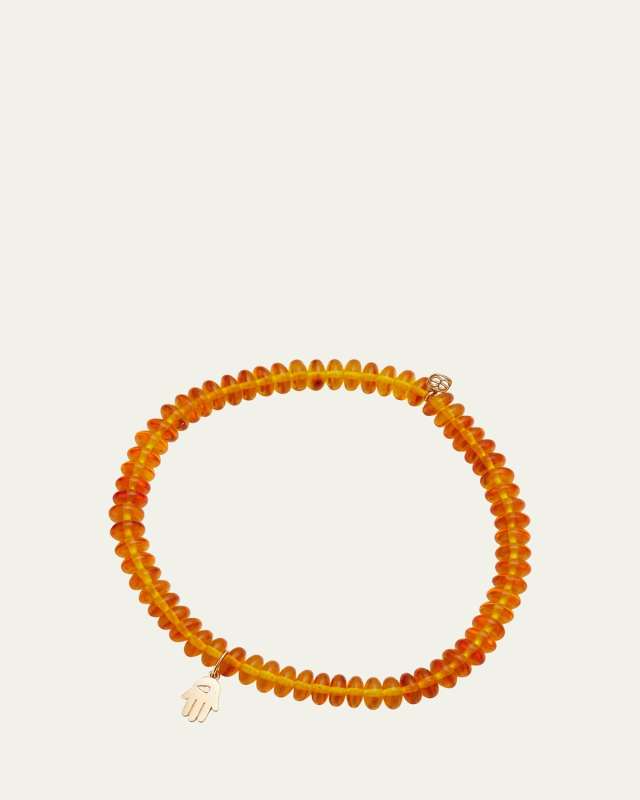 14k Gold Amber Beaded Bracelet with Hamsa Charm